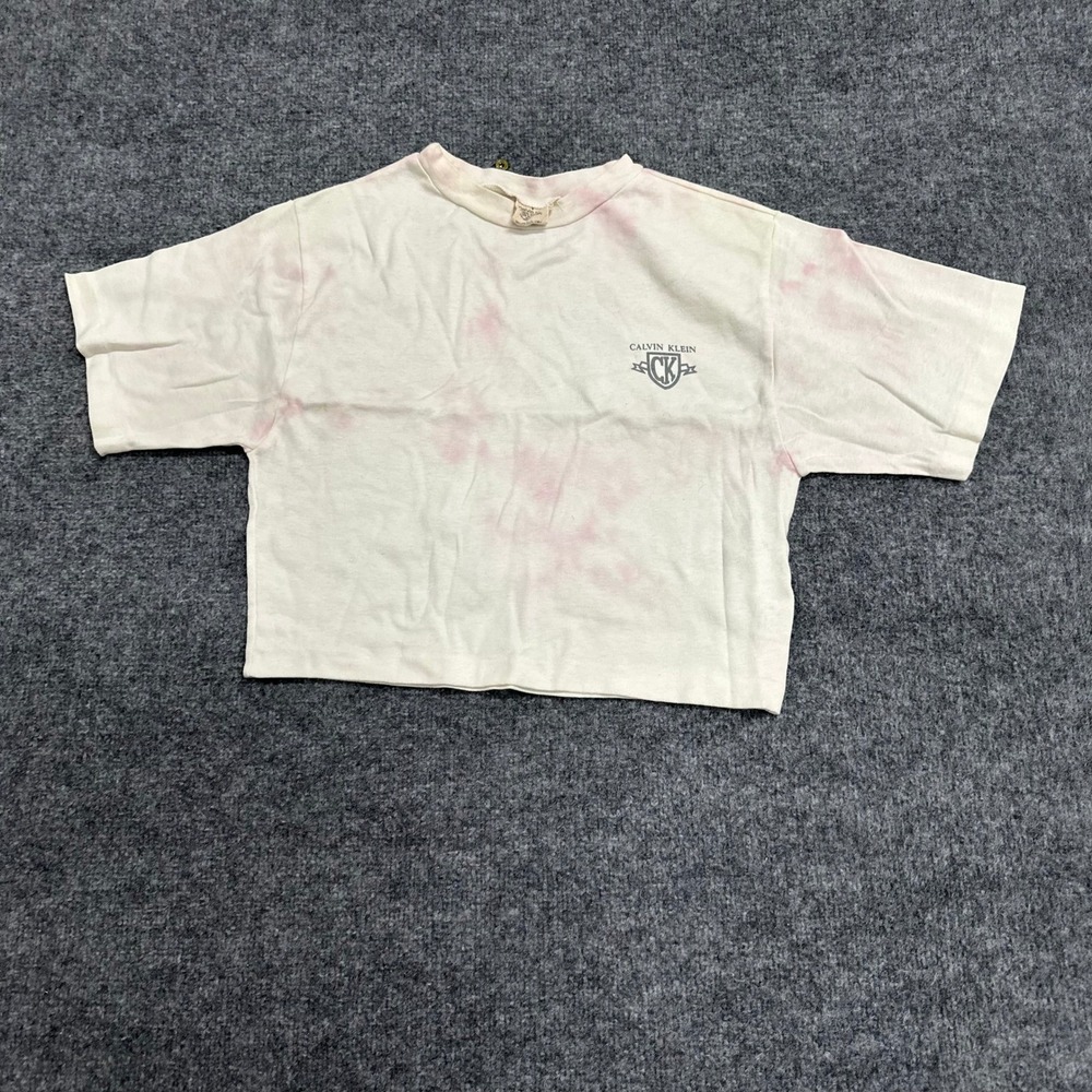 Calvin Klein T-Shirt Womens Size S White Pink Tie Dye Crop Top Short Sleeve Logo